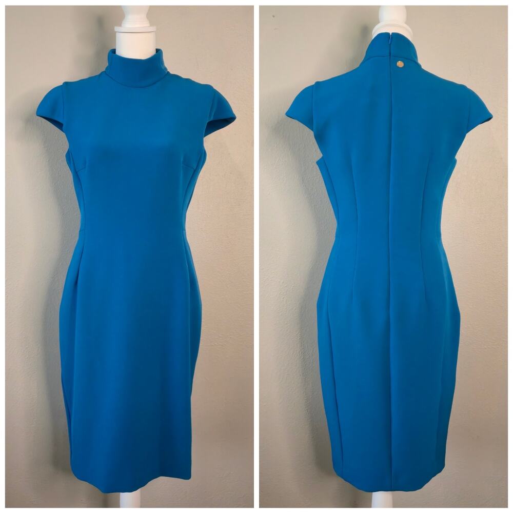Structured Retired Versace Collection Medusa Coin Crepe Sheath Dress 44 Teal NWT